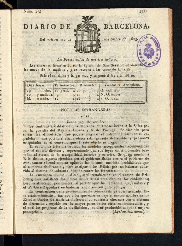 Miniatura de Diario de Barcelona del 21 de noviembre de 1823