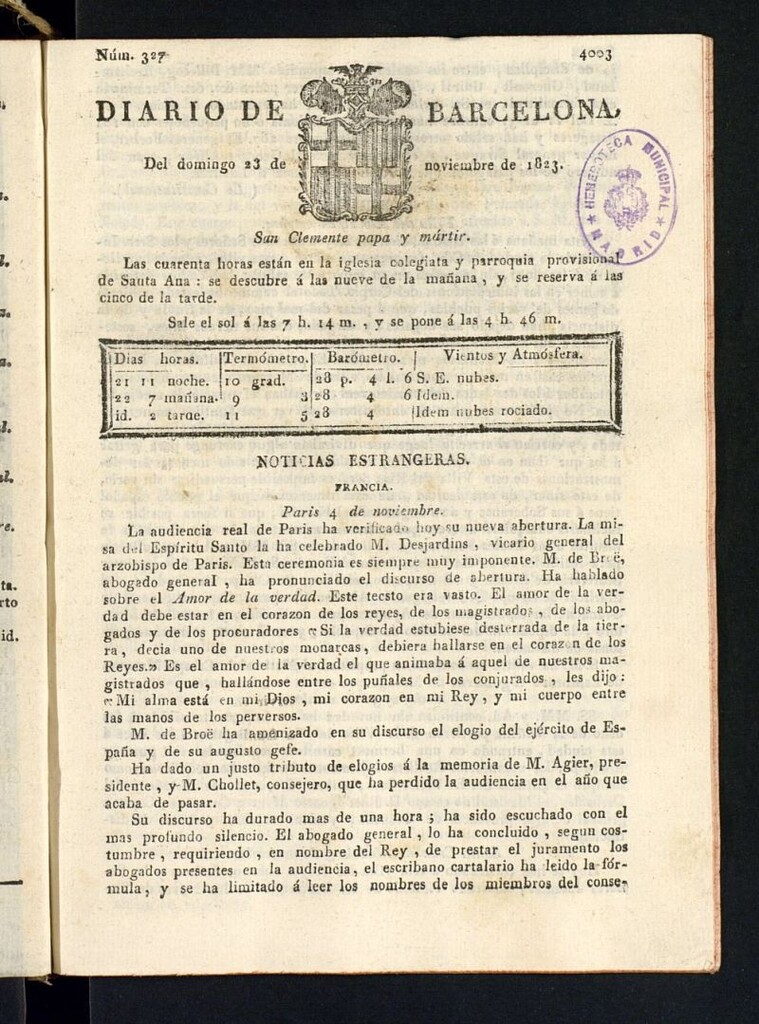 Miniatura de Diario de Barcelona del 23 de noviembre de 1823