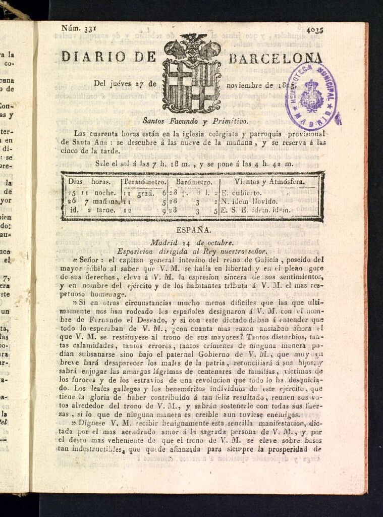 Miniatura de Diario de Barcelona del 27 de noviembre de 1823