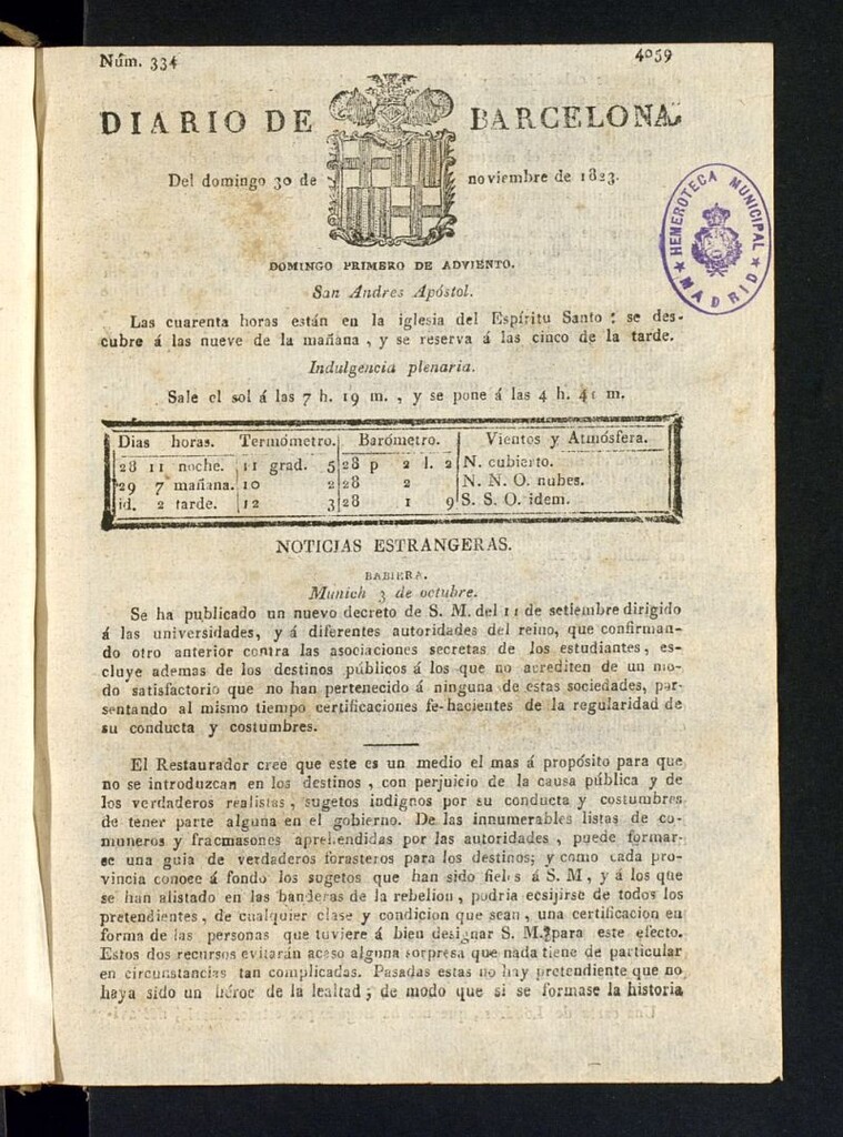Miniatura de Diario de Barcelona del 30 de noviembre de 1823