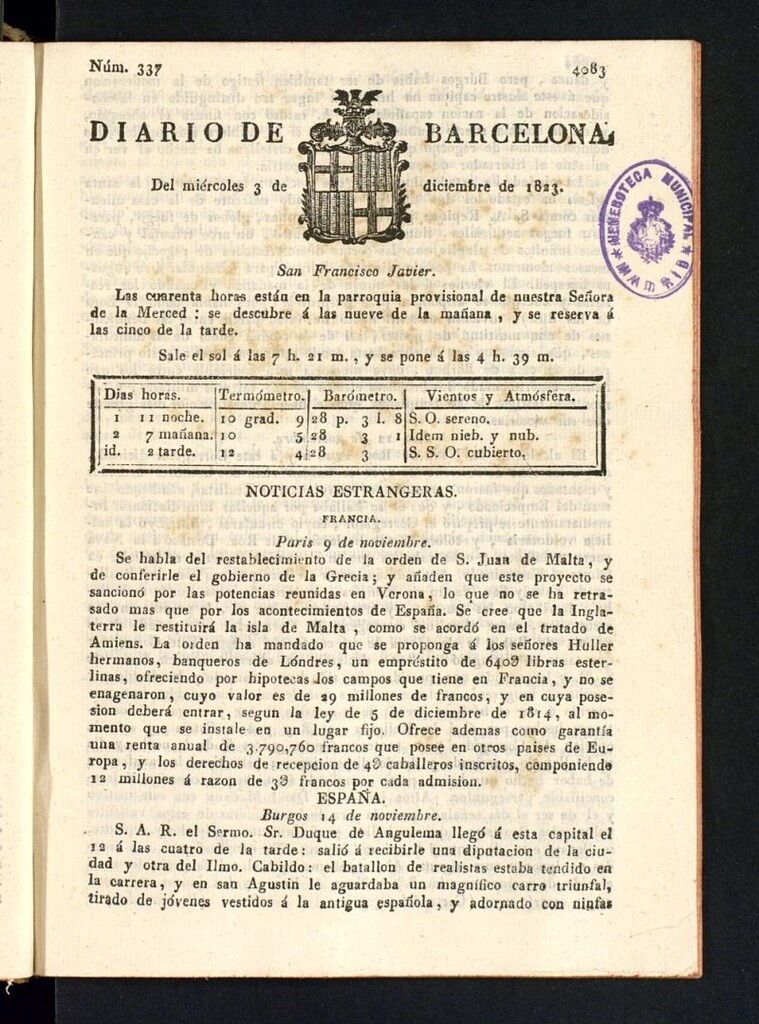 Miniatura de Diario de Barcelona del 3 de diciembre de 1823