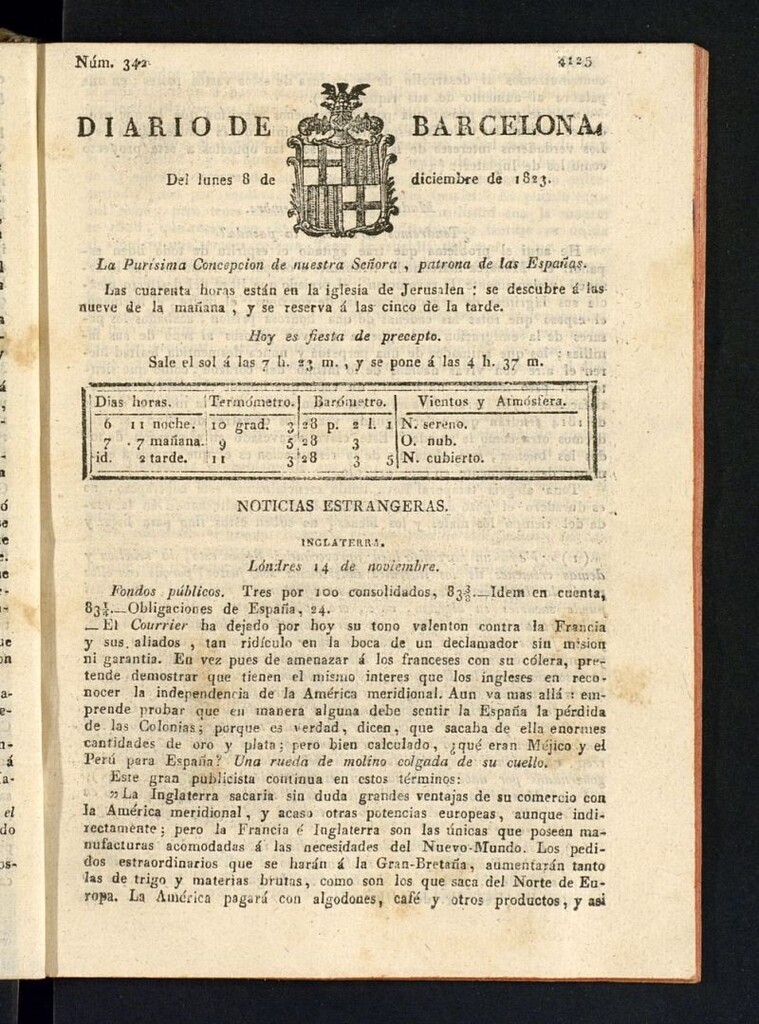 Miniatura de Diario de Barcelona del 8 de diciembre de 1823