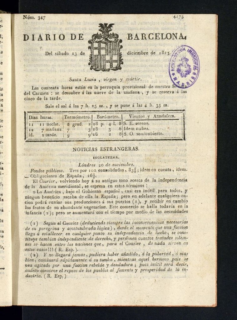 Miniatura de Diario de Barcelona del 13 de diciembre de 1823
