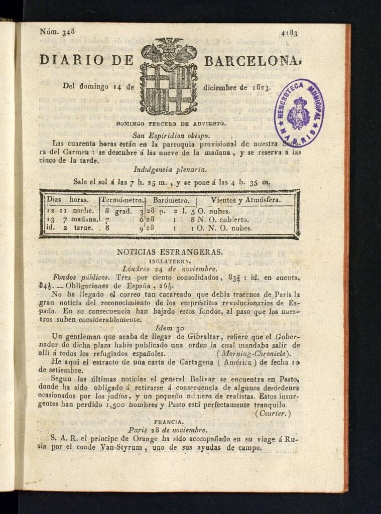 Miniatura de Diario de Barcelona del 14 de diciembre de 1823