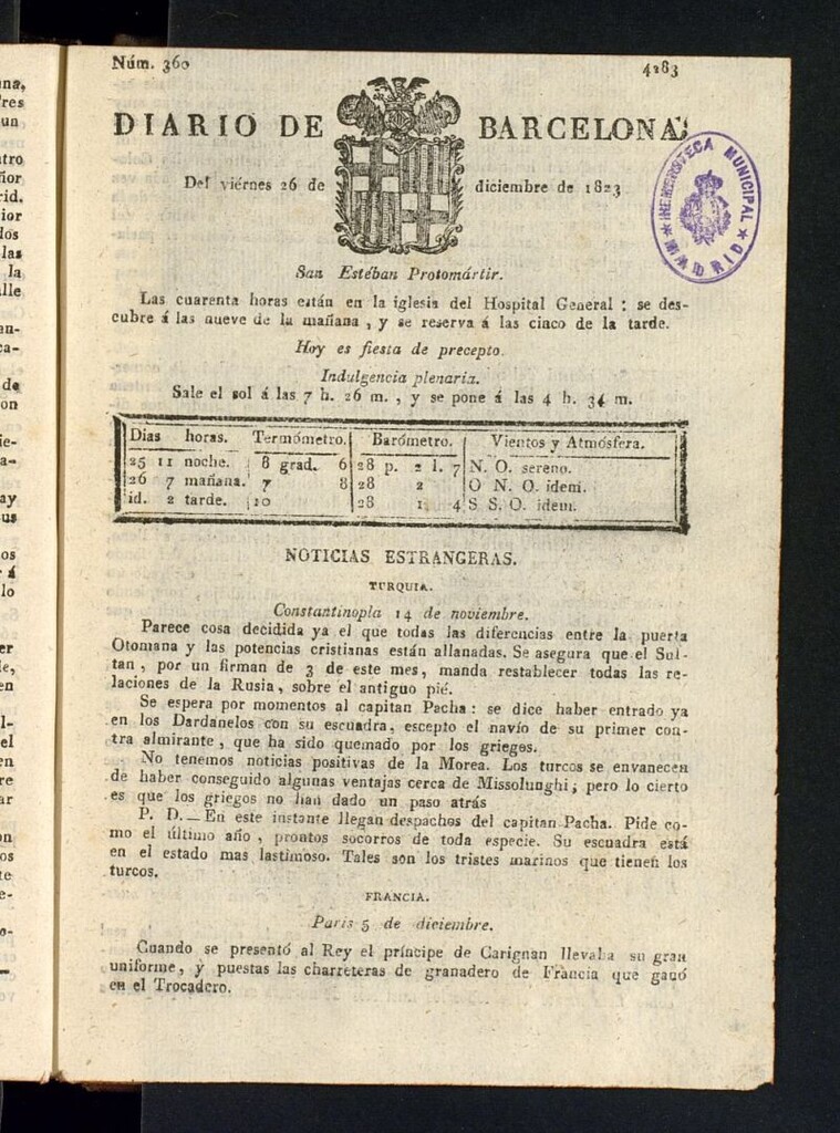 Miniatura de Diario de Barcelona del 26 de diciembre de 1823