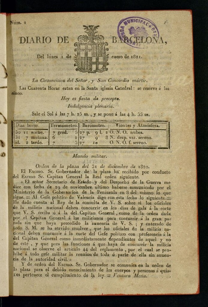 Miniatura de Diario de Barcelona del 1 de enero de 1821
