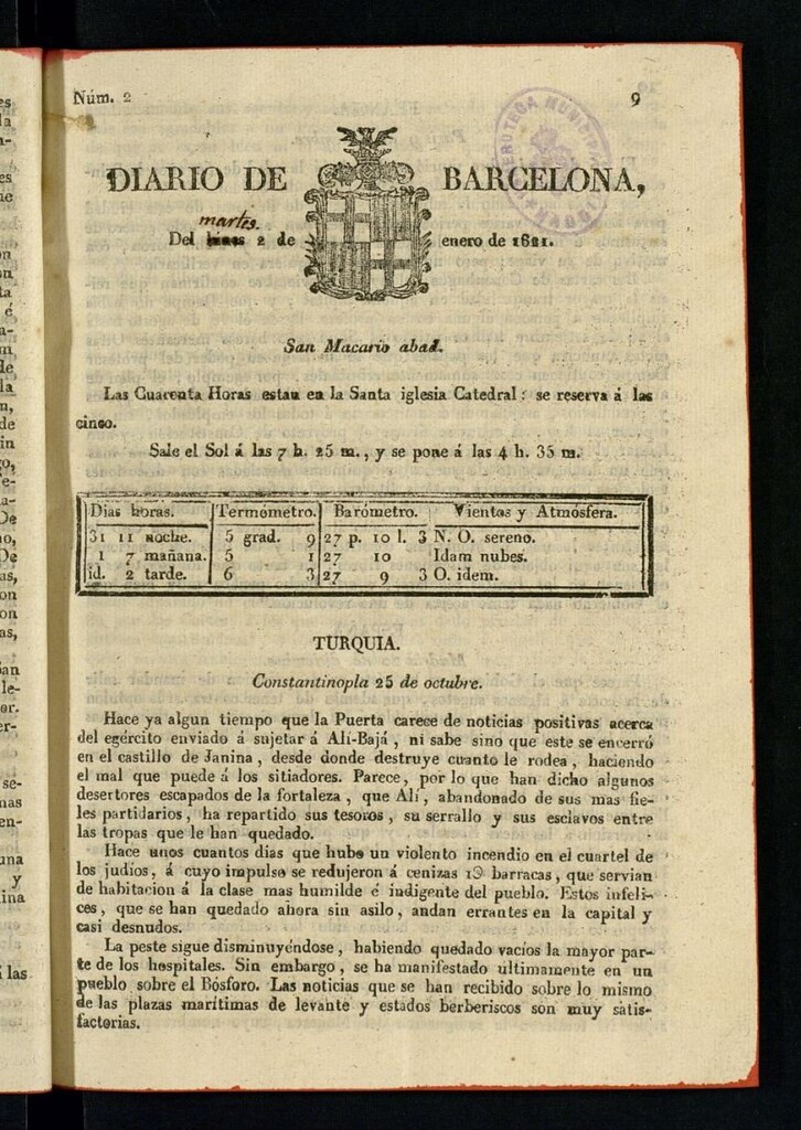 Miniatura de Diario de Barcelona del 2 de enero de 1821