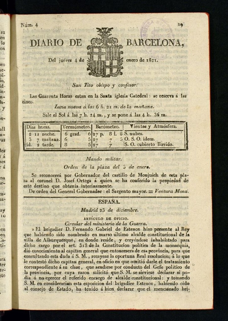 Miniatura de Diario de Barcelona del 4 de enero de 1821