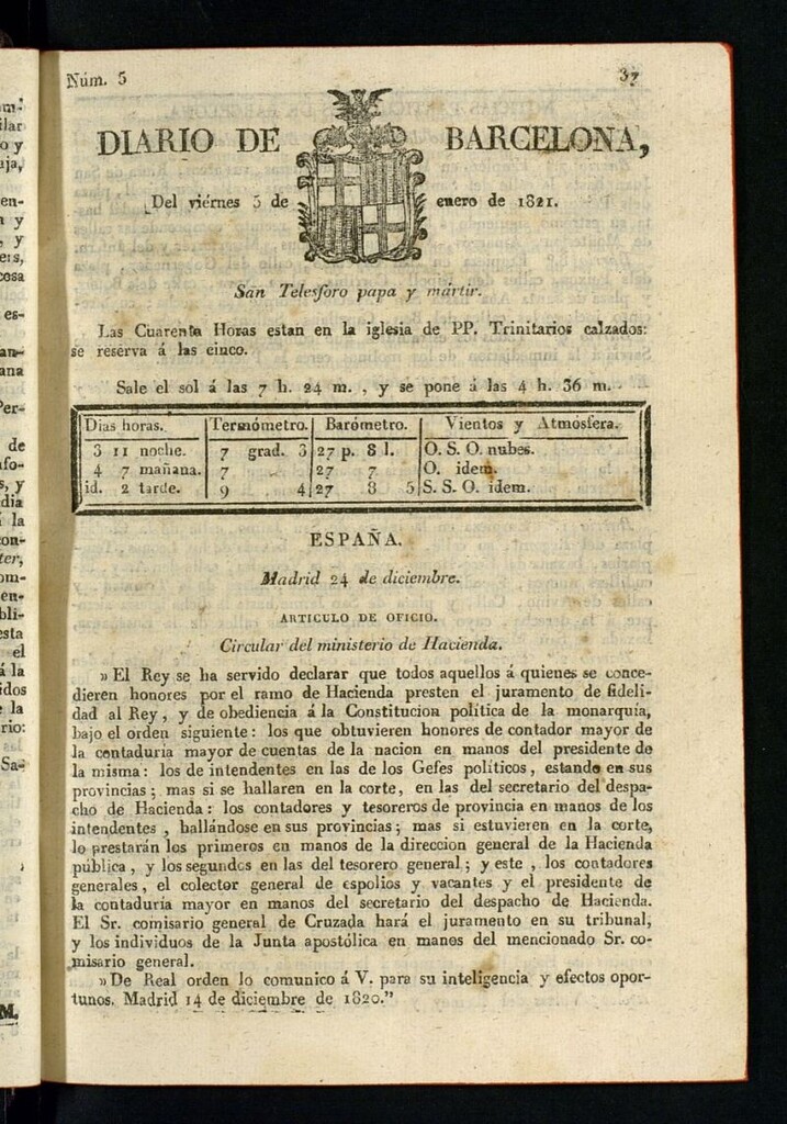 Miniatura de Diario de Barcelona del 5 de enero de 1821