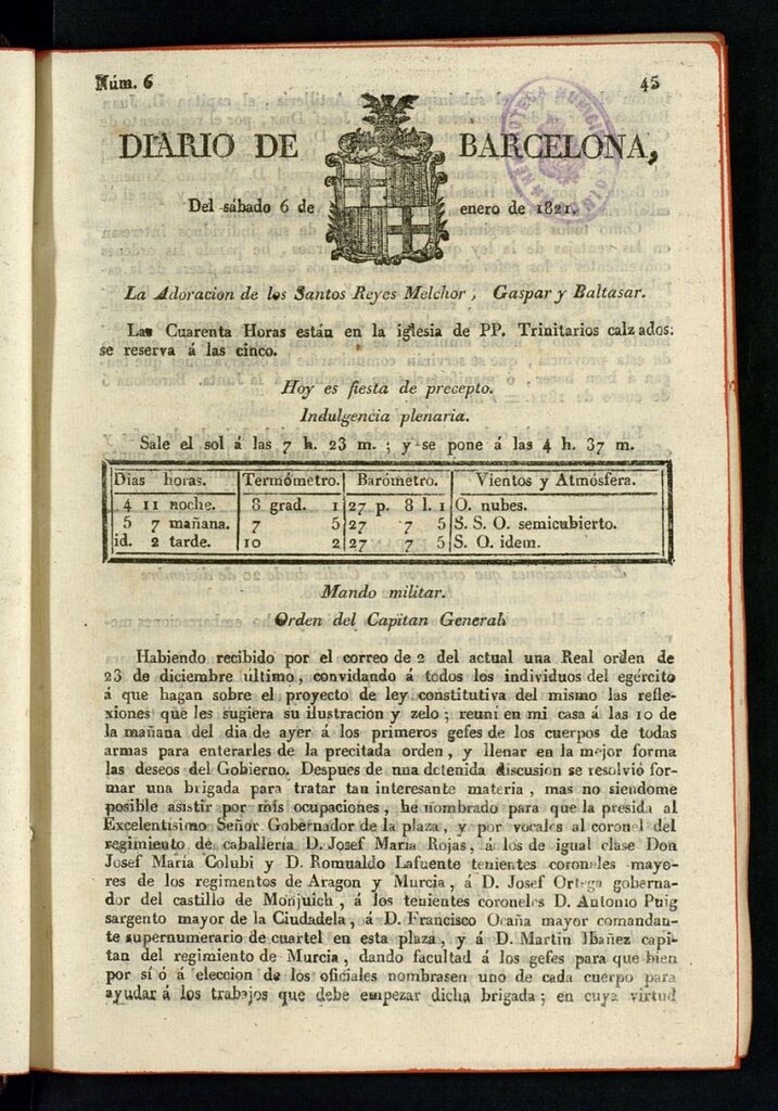 Miniatura de Diario de Barcelona del 6 de enero de 1821