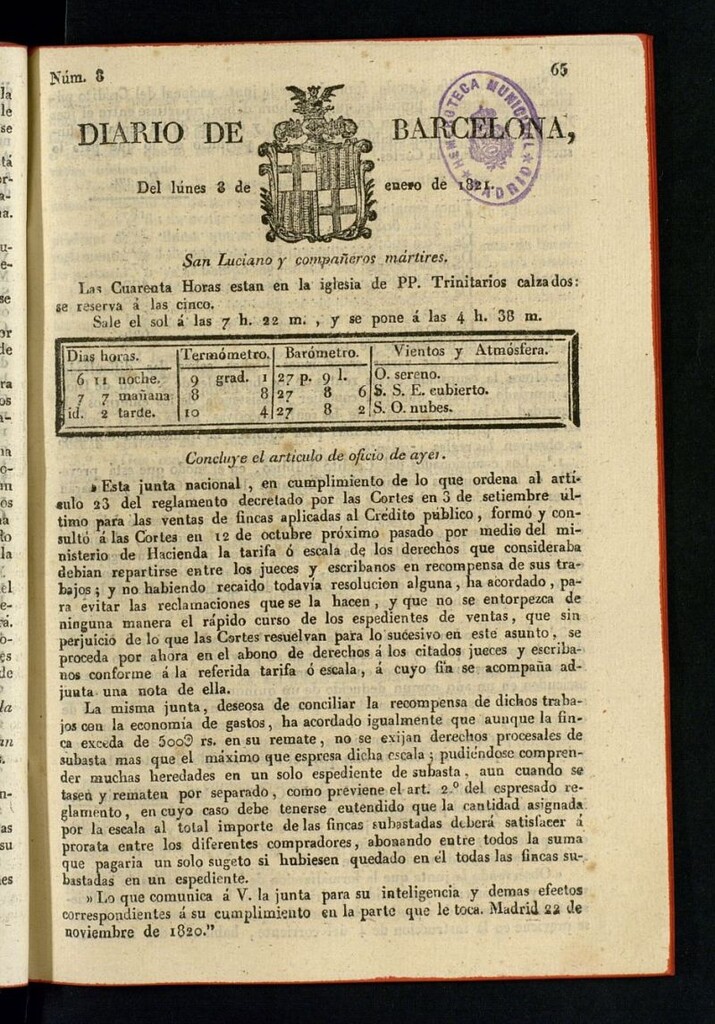 Miniatura de Diario de Barcelona del 8 de enero de 1821
