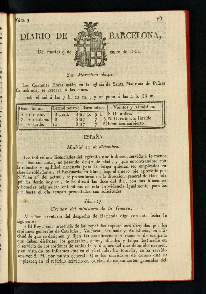Miniatura de Diario de Barcelona del 9 de enero de 1821