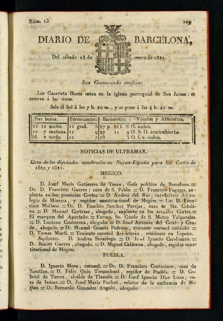 Miniatura de Diario de Barcelona del 13 de enero de 1821