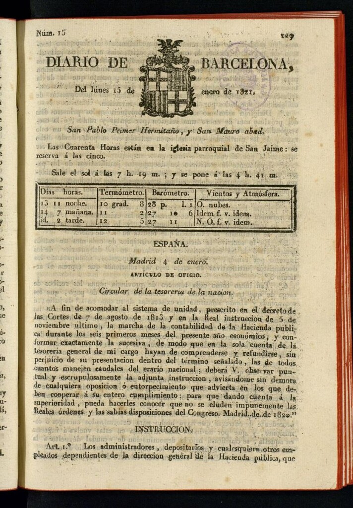 Miniatura de Diario de Barcelona del 15 de enero de 1821