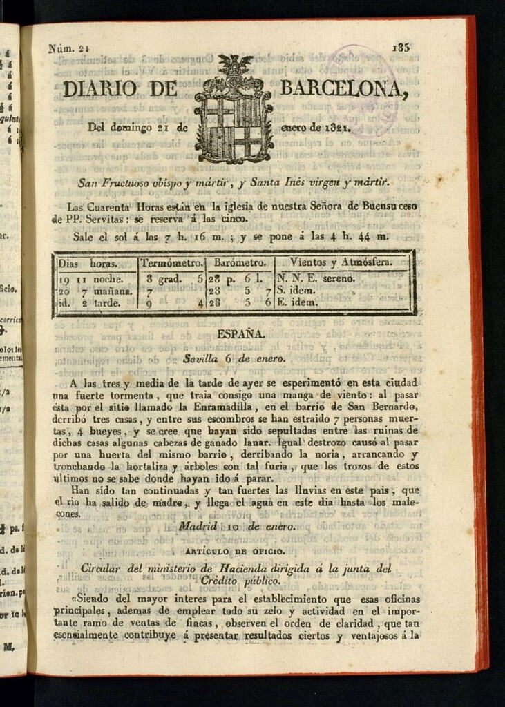 Miniatura de Diario de Barcelona del 21 de enero de 1821