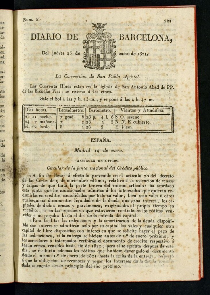 Miniatura de Diario de Barcelona del 25 de enero de 1821