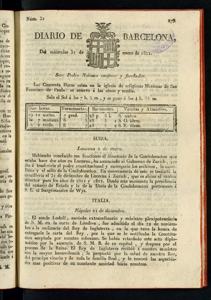 Miniatura de Diario de Barcelona del 31 de enero de 1821