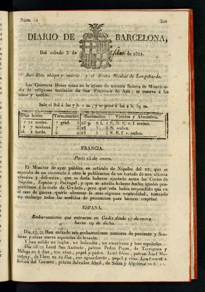 Miniatura de Diario de Barcelona del 3 de febrero de 1821