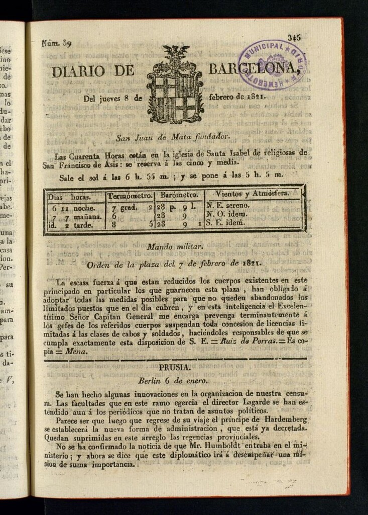 Miniatura de Diario de Barcelona del 8 de febrero de 1821