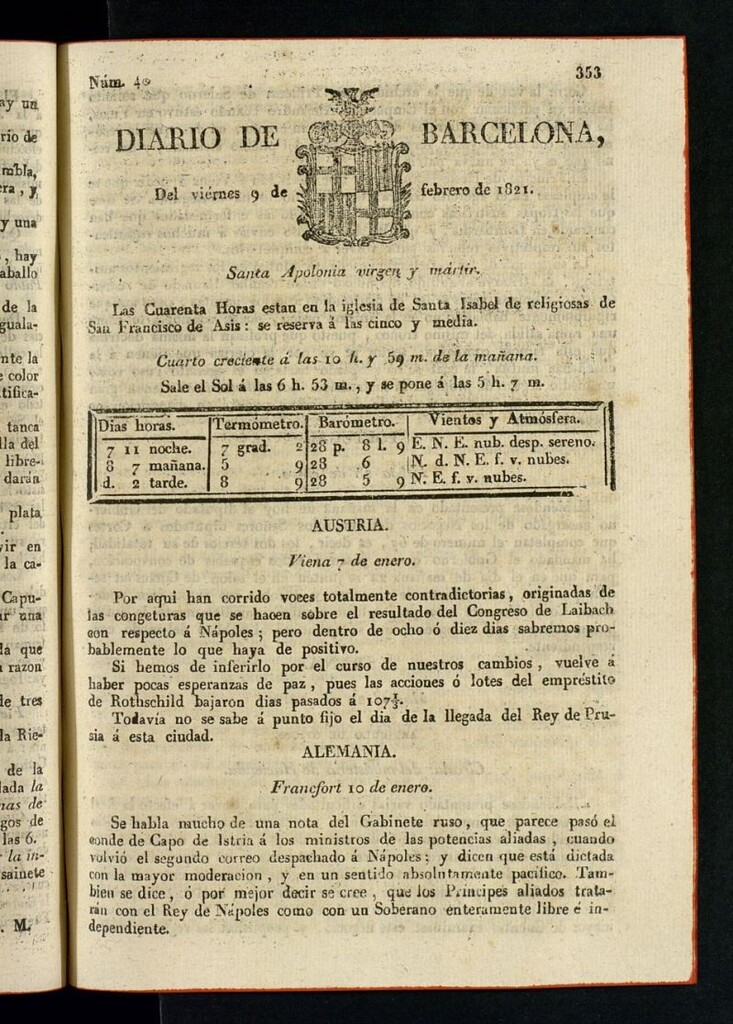 Miniatura de Diario de Barcelona del 9 de febrero de 1821