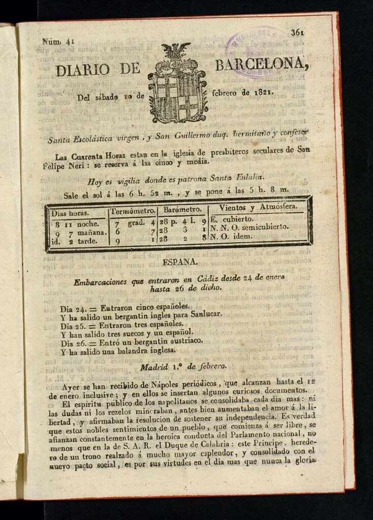 Miniatura de Diario de Barcelona del 10 de febrero de 1821