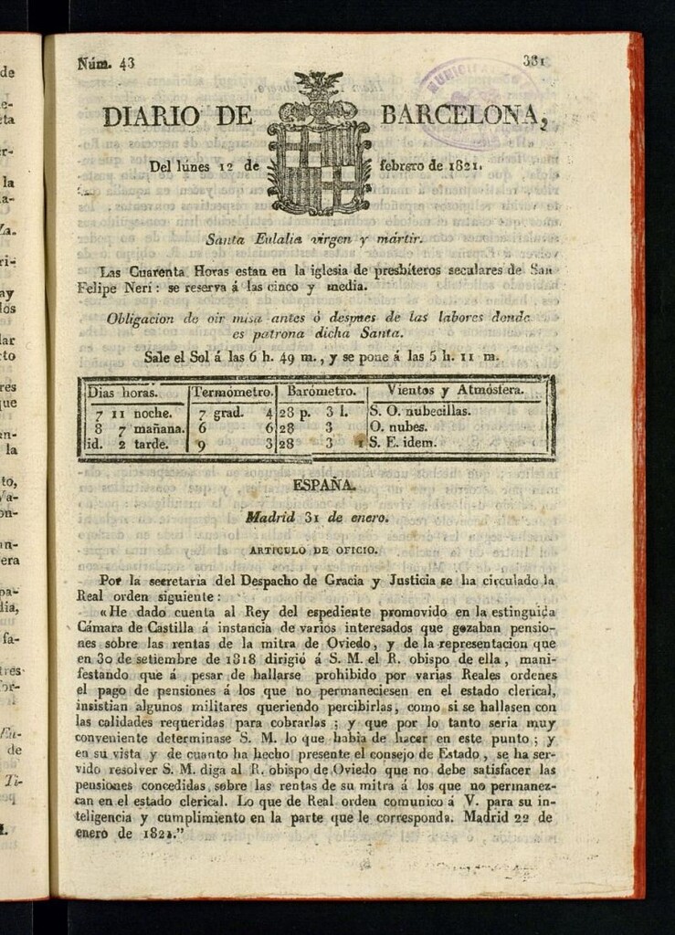 Miniatura de Diario de Barcelona del 12 de febrero de 1821