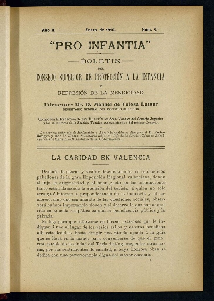 Miniatura de Pro Infantia : boletín del Consejo Superior de Protección a la Infancia y Represión de la Mendicidad de enero de 1910