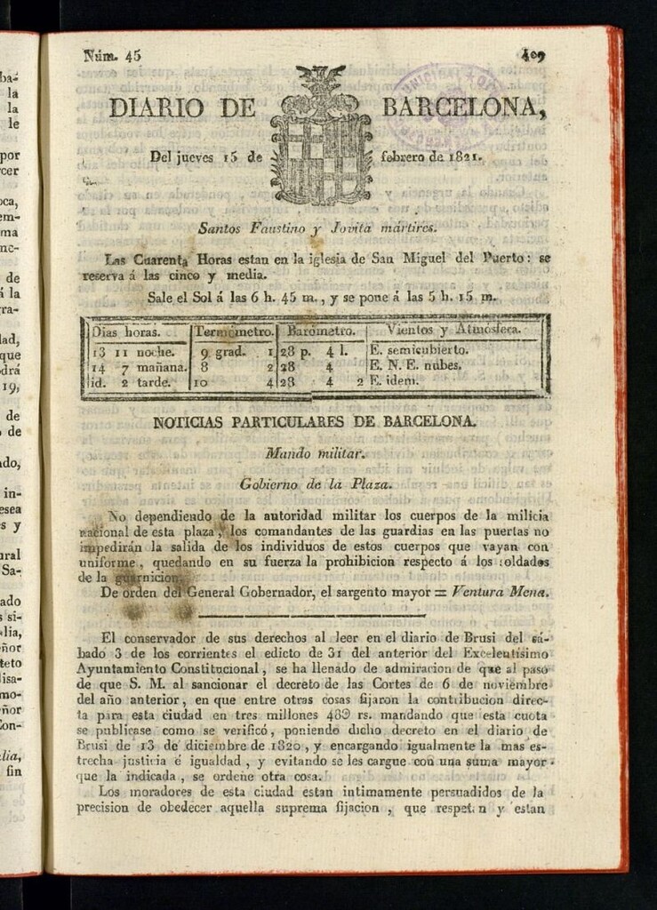Miniatura de Diario de Barcelona del 15 de febrero de 1821