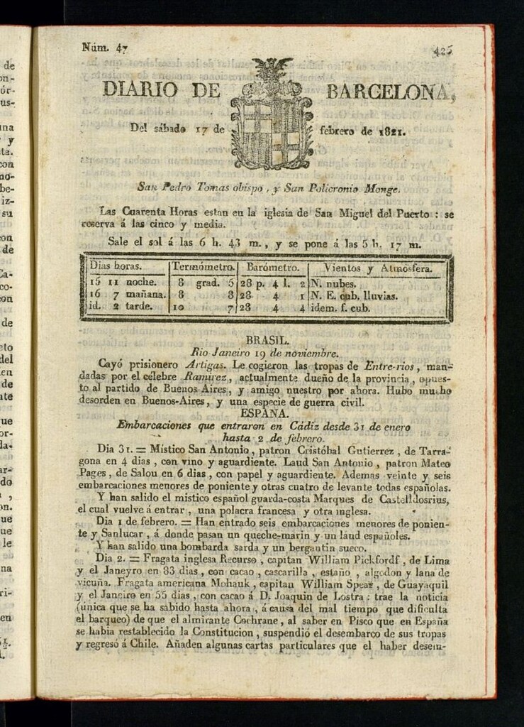 Miniatura de Diario de Barcelona del 17 de febrero de 1821