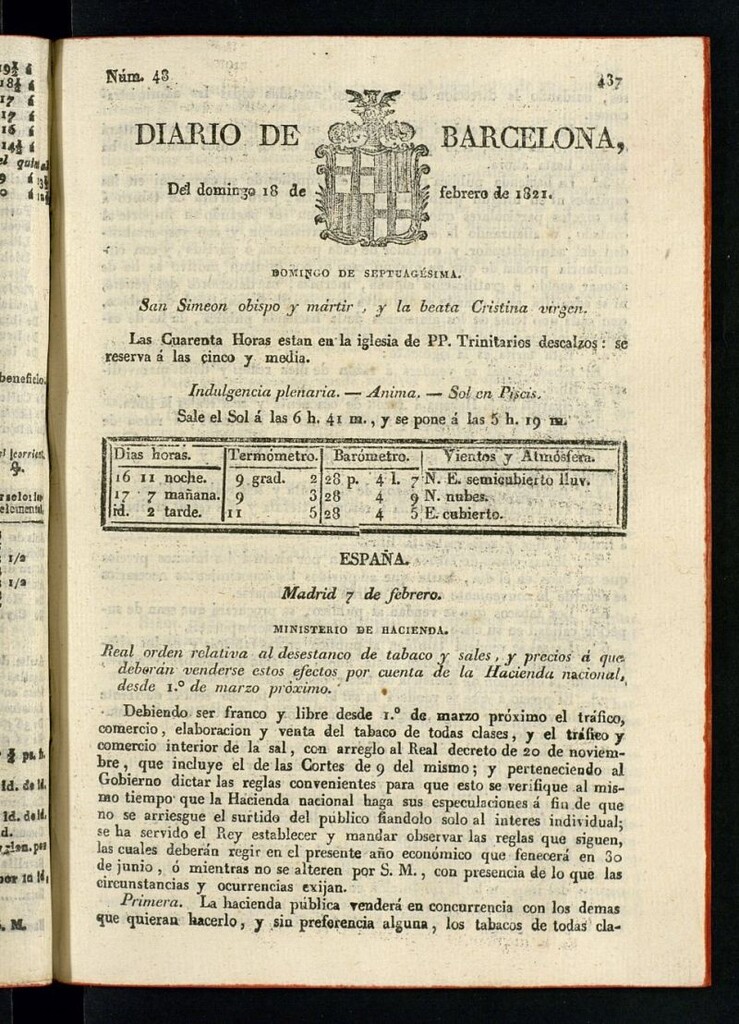 Miniatura de Diario de Barcelona del 18 de febrero de 1821