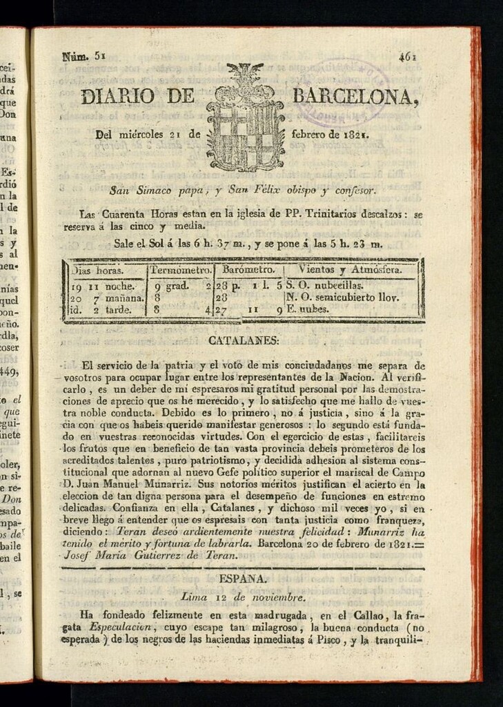 Miniatura de Diario de Barcelona del 21 de febrero de 1821