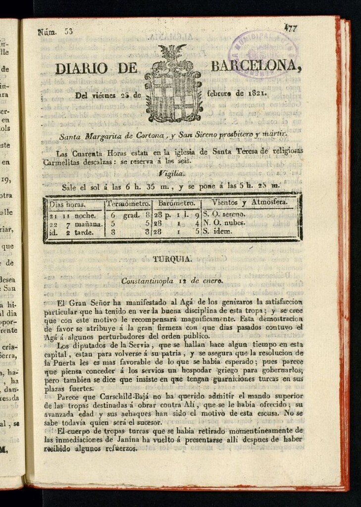 Miniatura de Diario de Barcelona del 23 de febrero de 1821