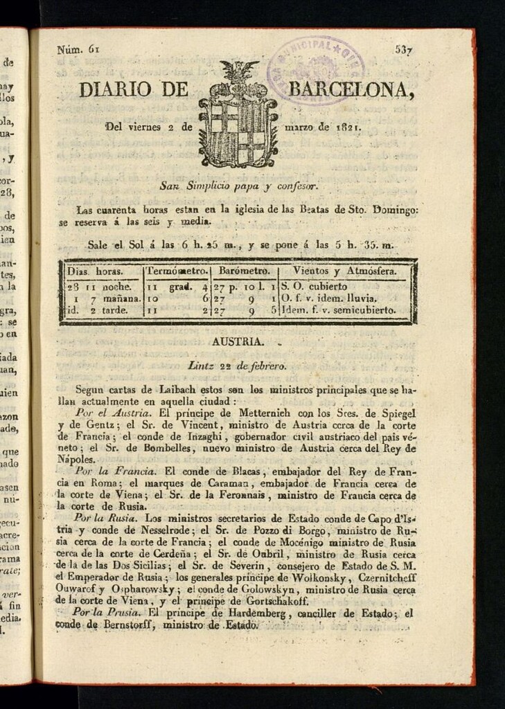 Miniatura de Diario de Barcelona del 2 de marzo de 1821