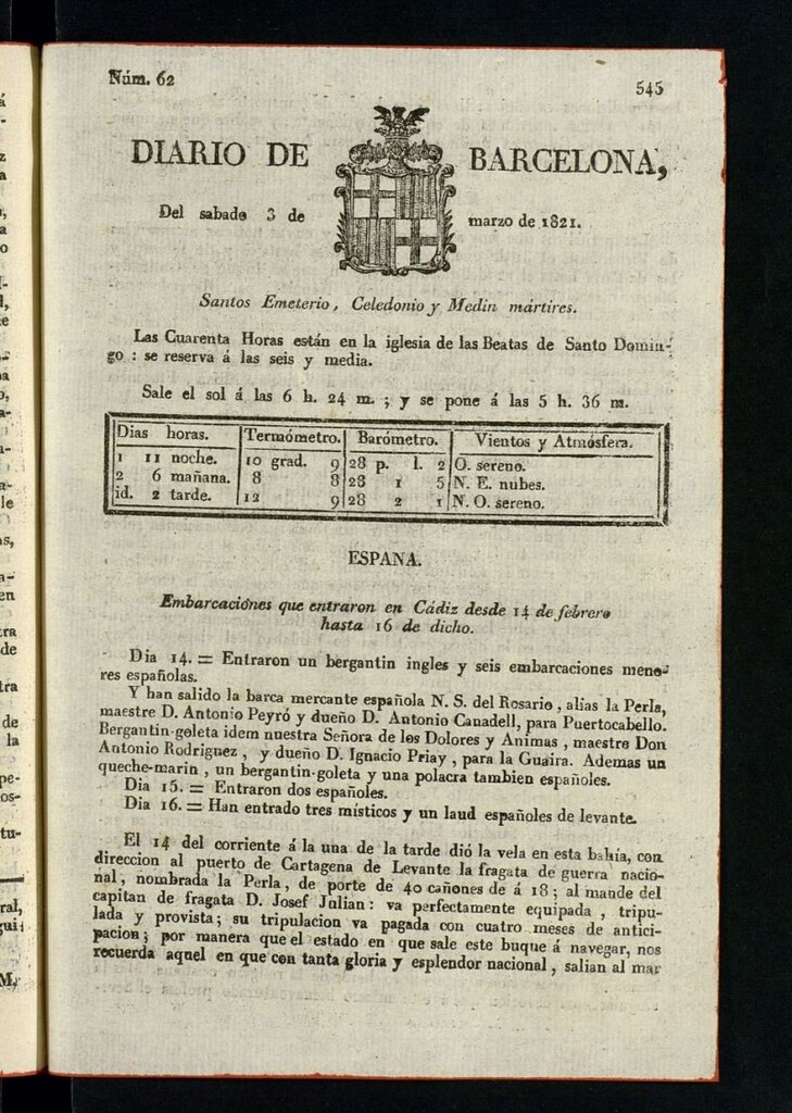 Miniatura de Diario de Barcelona del 3 de marzo de 1821