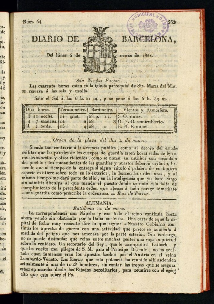 Miniatura de Diario de Barcelona del 5 de marzo de 1821