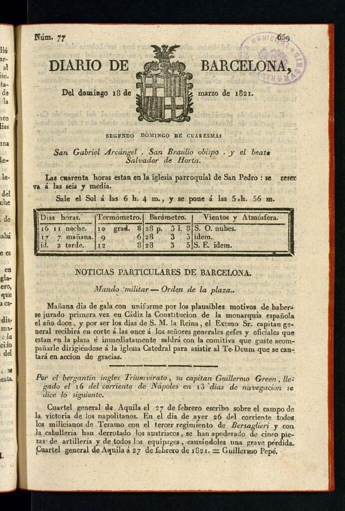 Miniatura de Diario de Barcelona del 18 de marzo de 1821