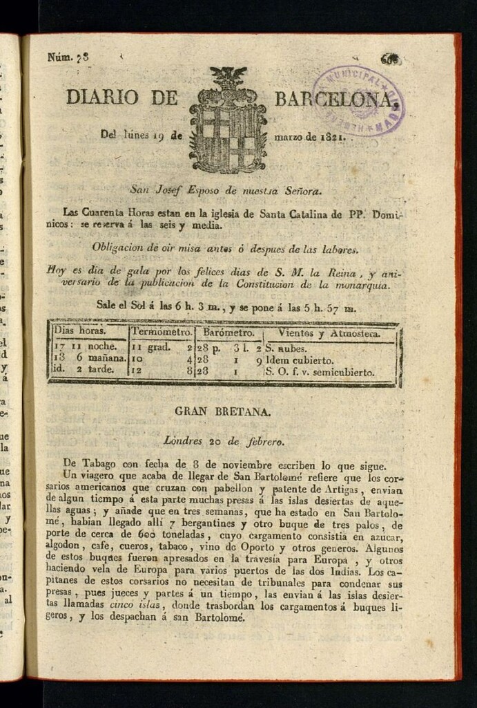 Miniatura de Diario de Barcelona del 19 de marzo de 1821