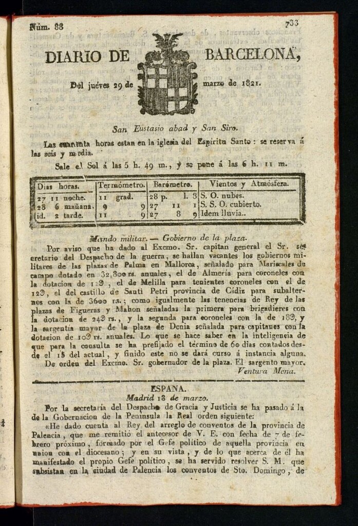Miniatura de Diario de Barcelona del 29 de marzo de 1821