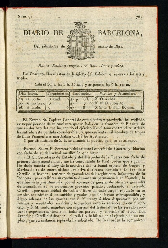 Miniatura de Diario de Barcelona del 31 de marzo de 1821