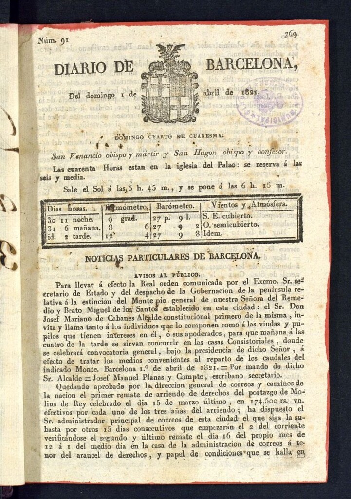 Miniatura de Diario de Barcelona del 1 de abril de 1821