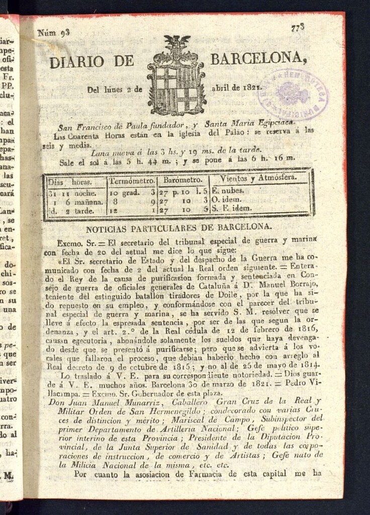 Miniatura de Diario de Barcelona del 2 de abril de 1821