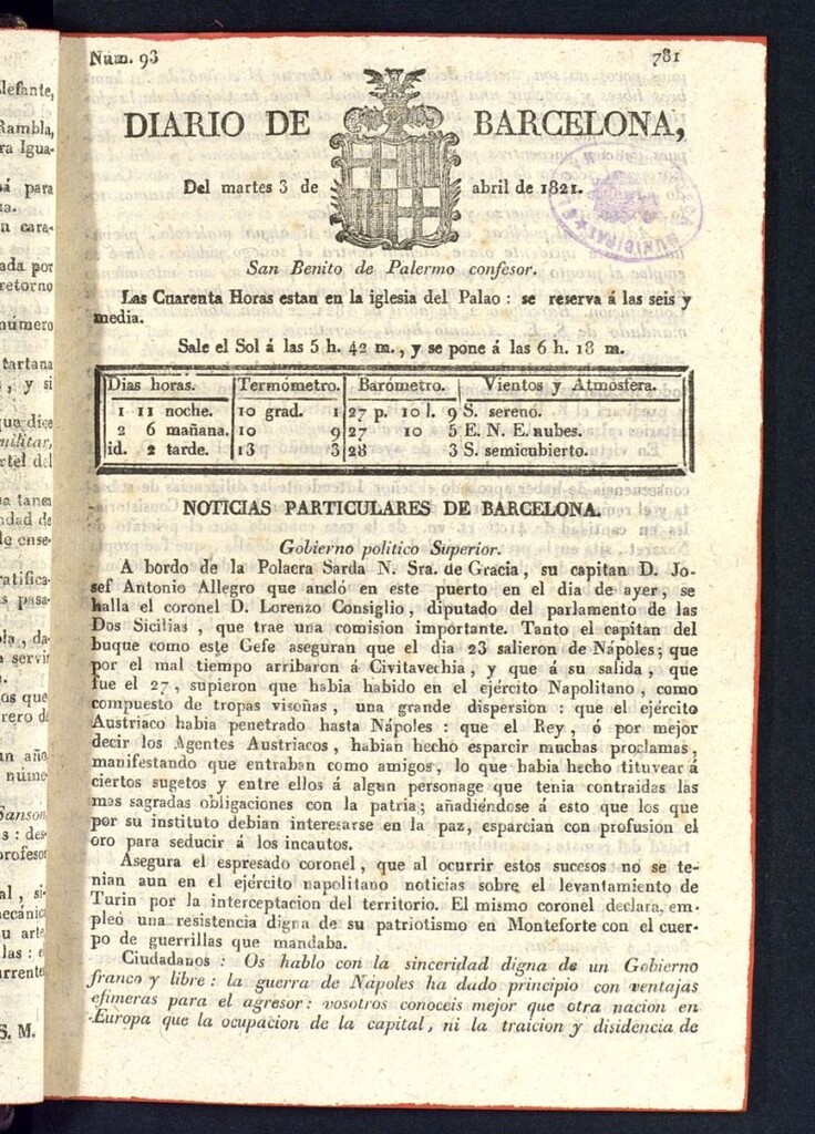 Miniatura de Diario de Barcelona del 3 de abril de 1821