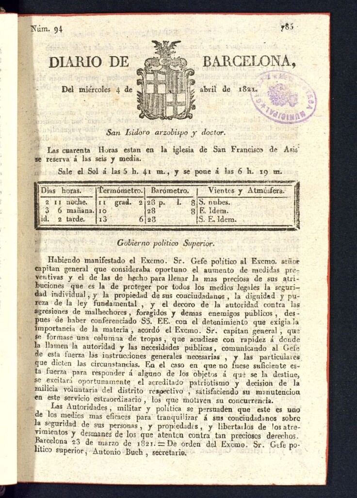 Miniatura de Diario de Barcelona del 4 de abril de 1821