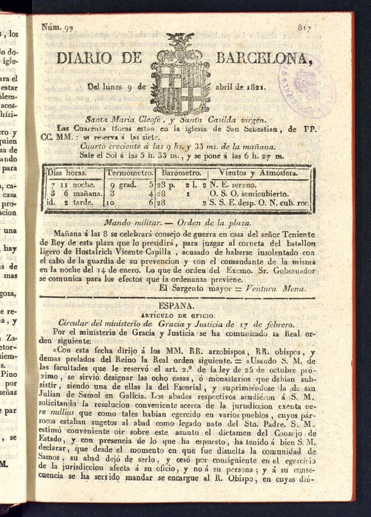 Miniatura de Diario de Barcelona del 9 de abril de 1821