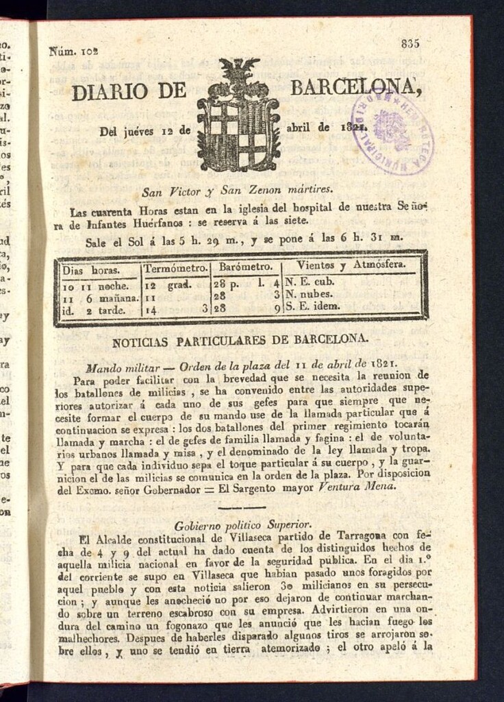 Miniatura de Diario de Barcelona del 12 de abril de 1821