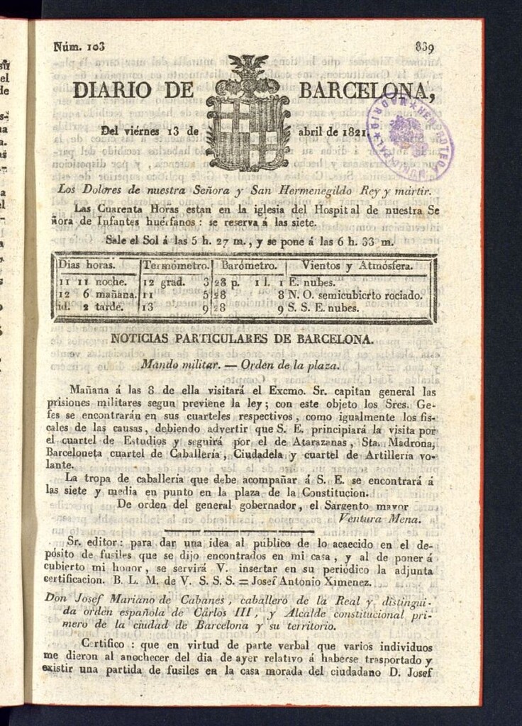 Miniatura de Diario de Barcelona del 13 de abril de 1821
