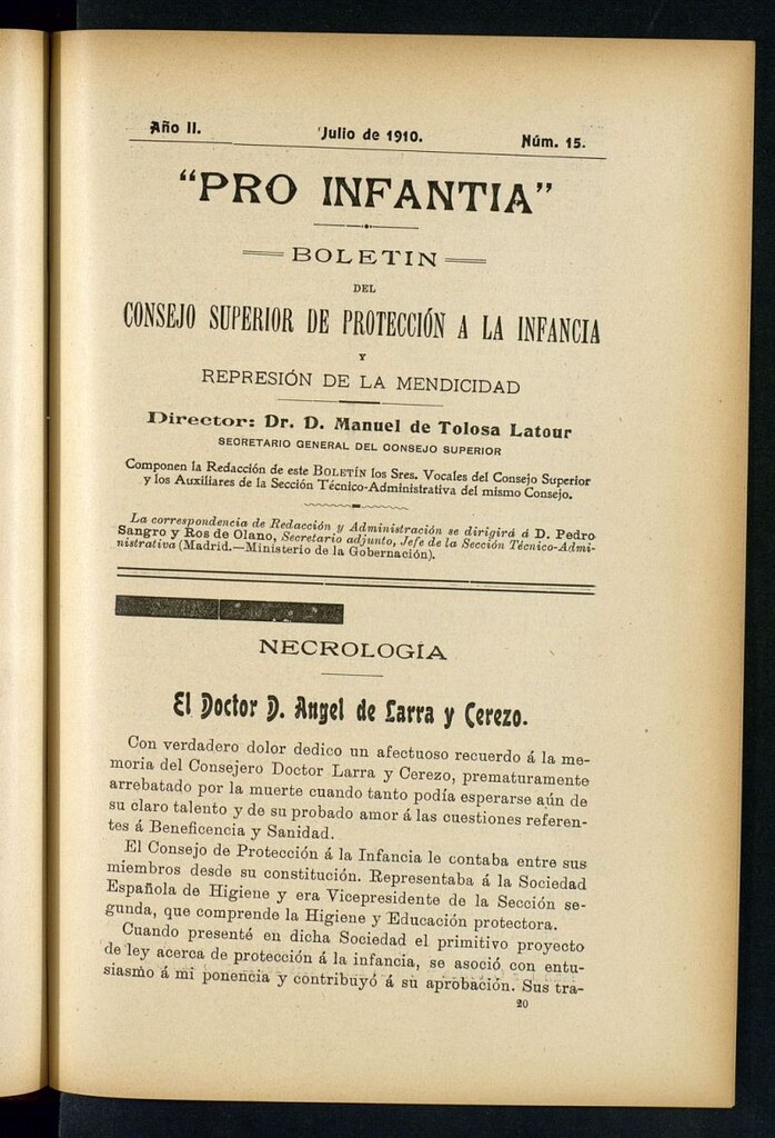 Miniatura de Pro Infantia : boletín del Consejo Superior de Protección a la Infancia y Represión de la Mendicidad de julio de 1910