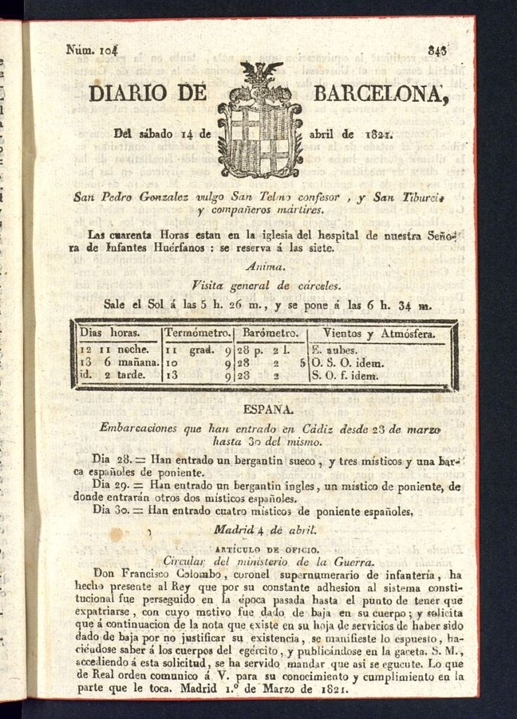 Miniatura de Diario de Barcelona del 14 de abril de 1821