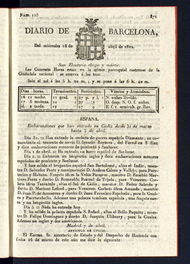 Miniatura de Diario de Barcelona del 18 de abril de 1821