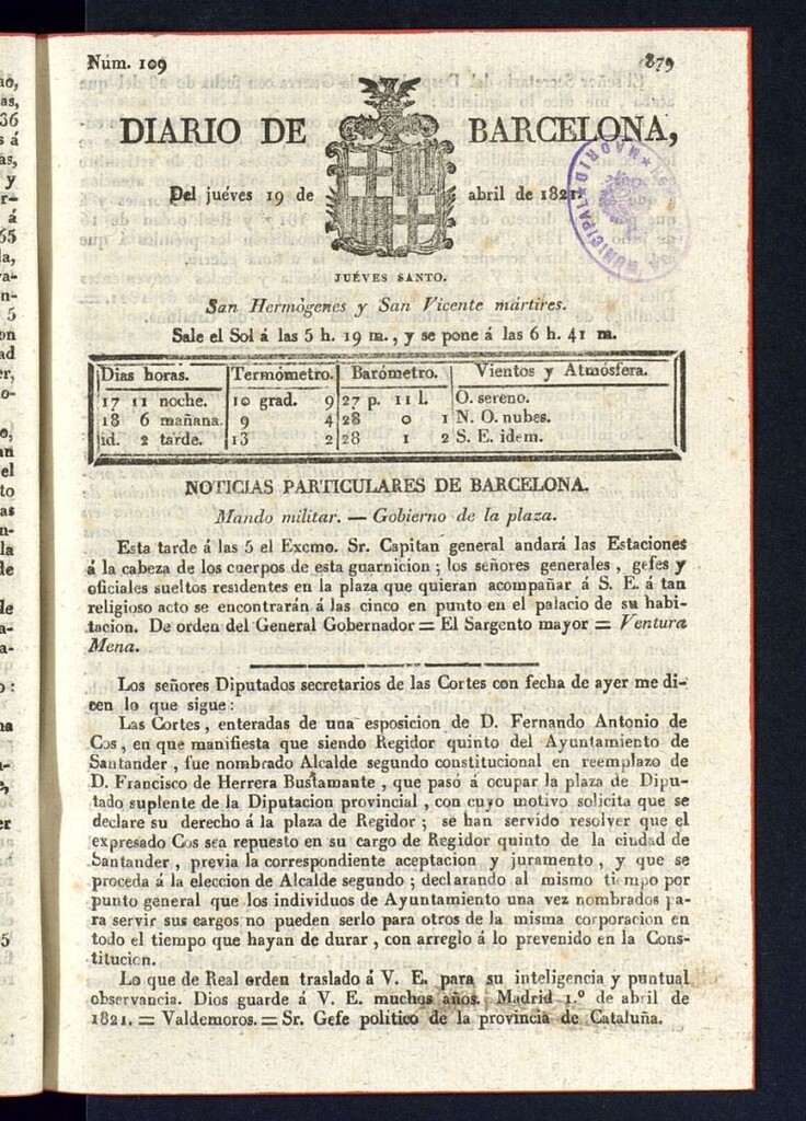 Miniatura de Diario de Barcelona del 19 de abril de 1821